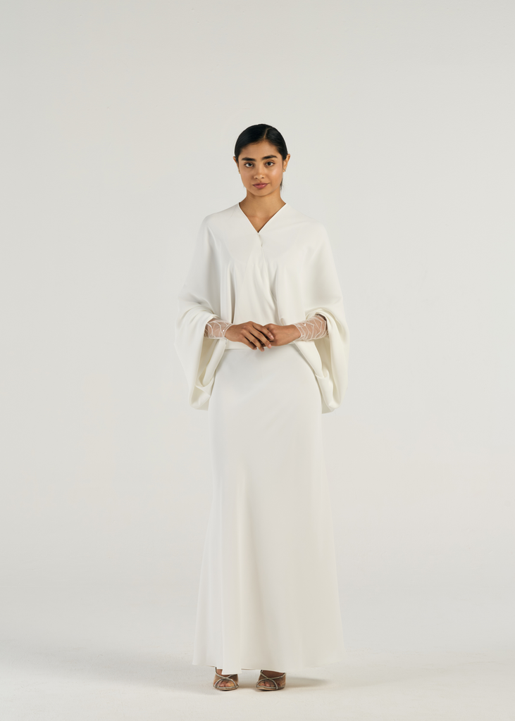 One Piece V-Neckline Beaded Sleeves White Draped Maxi Dress