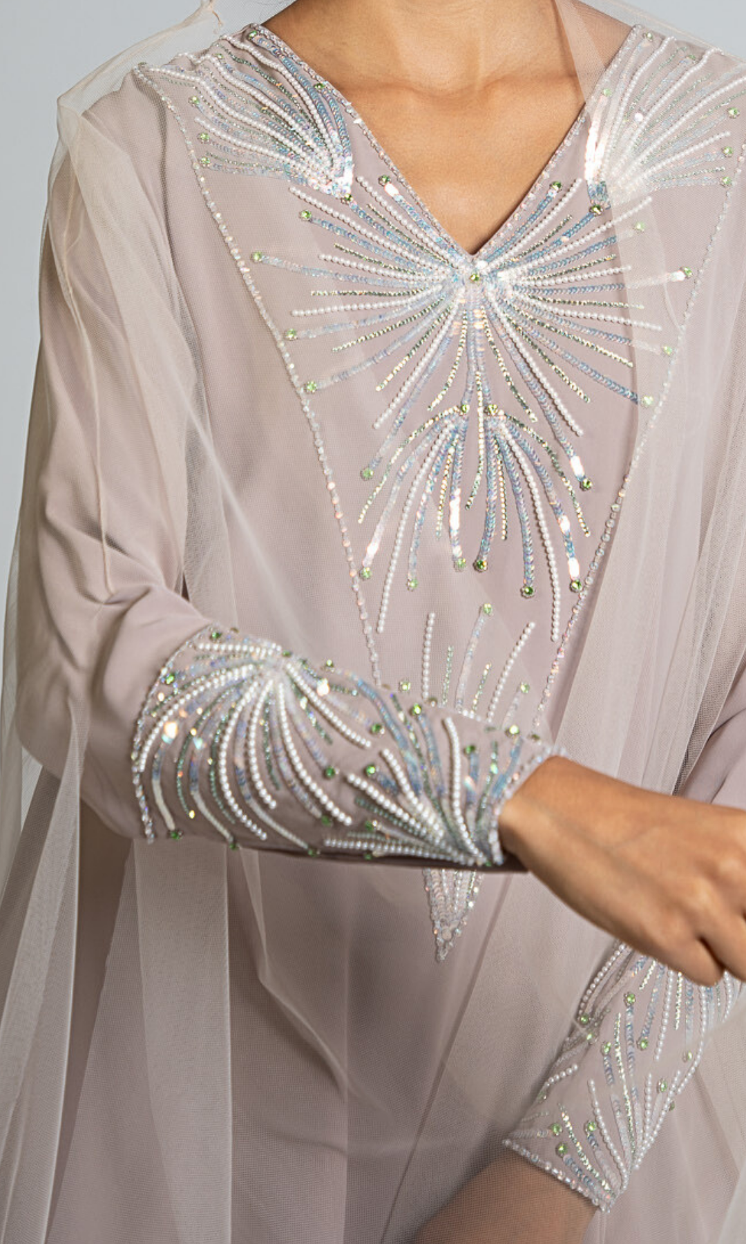 Ethereal Nude Caftan Dress With Silver Bead And Sequin Embroidery ethereal-nude-caftan-dress-with-silver-bead-and-sequin-embroidery